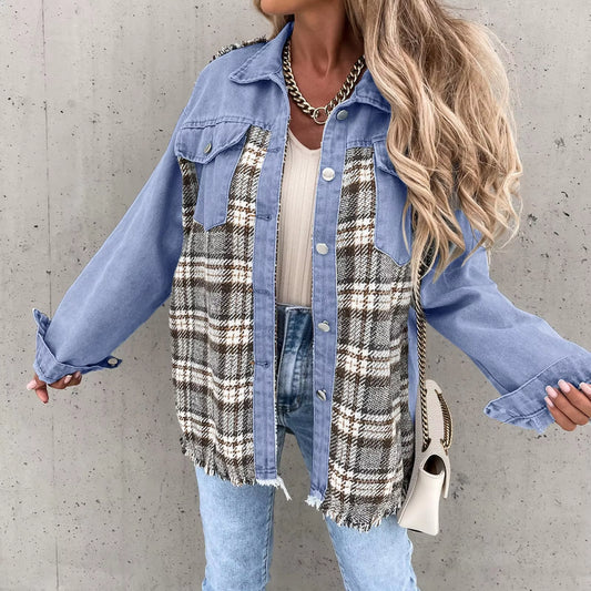 Fashion Women Denim Jackets Raw Edge Hem Plaid Splicing Casual Outerwear Single Breasted Lapel Contrast Color Shacket Pocket